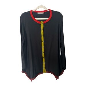 Alembika Sz 1 (US 6/8) Button Front Tunic Top Black Handkerchief Hem Long Sleeve